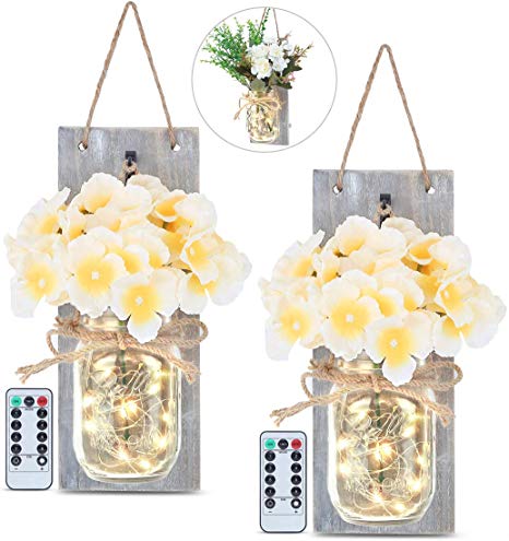 GLAMOURIC 2 Pack Mason Jar Sconces with 20 LEDs Fairy String Lights, Wrought Iron Hooks, 8 Keys Remote Controler, 14 Levels Brightness, Hydrangea&Peony Flowers with LED Design for Home Decoration
