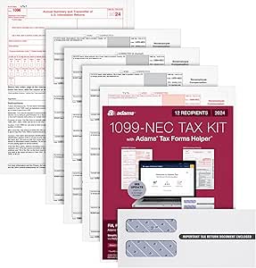 Adams 2024 1099 NEC Kit for 12 Recipients, 4 Part Laser 1099 Forms, 3 1096 Forms, Self Seal Envelopes & Access to Adams Tax Forms Helper (1009316)