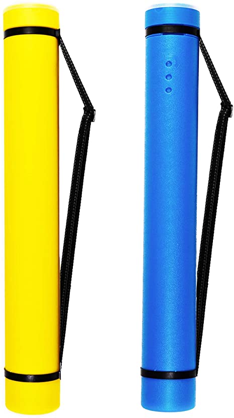 2-Pack Extendable Poster Tubes Expand from 24.5” to 40” with Shoulder Strap | Carry Documents, Blueprints, Drawings and Art | Blue and Yellow Portable Durable Round Storage Cases with Lids and Labels