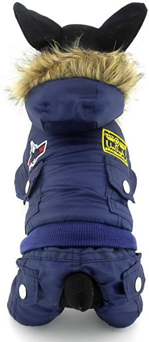 Ranphy Waterproof Dog Snowsuit Jumpsuit Hoodie Winter Coat Pet Fleece Lined Clothes Puppy Cotton Padded Outfit Cold Weather Hooded Airman Jacket Warm Cat Clothes Chihuahua Parka Girls Boys Blue S