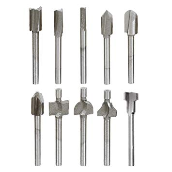 Yakamoz 10Pcs 1/8" Shank Titanium-Coated Router Bit Set Carbide Engraving Milling Cutter Trimming Bits for DIY Woodworking Carving Drilling Compatible with Dremel Rotary Tools