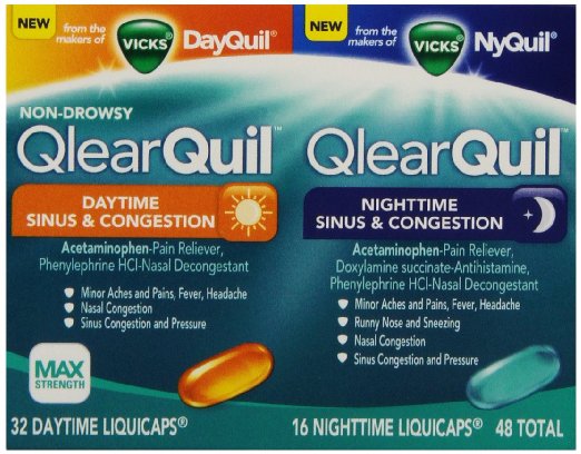 Vicks QlearQuil Day or Night Cold and Allergy Sinus and Nasal Decongestant Liquicaps, 48 Count