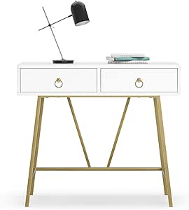 Anmytek Modern Home Office Desk, 35.4 Inch Makeup Vanity Table White Study Desk 2 Drawers Writing Desk Computer Desk with Golden Legs, D0002