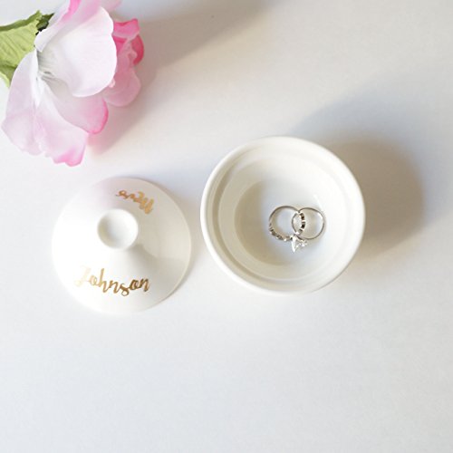 Custom Ceramic White and Gold Foil Small Jewelry Holder Dish with Lid, Jewelry Ring Holder Box with Lid, Unique Engagement Wedding Bridal Shower Bachelorette Gift Personalized Mrs Name Gift