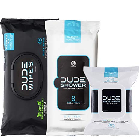 DUDE Wipes Flushable (48ct), DUDE Shower Body Wipes (8ct), & DUDE Face Wipes (30ct) Unscented with Vitamin-E & Aloe - Head to Toe DUDE Combo