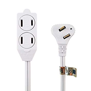 Uninex 2 Prong Flat Angle Plug 16/2 Extension Cord Locking/Rotating Safety Cover 3-Outlet Tap 15-Foot White UL Listed