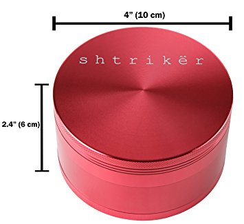 Shtriker Herb Grinder 4 Inch Aluminum, Largest And Biggest Tobacco Spice Herbal Aluminum Grinder 4 Piece 4" (10 cm)With Pollen And Kief Catcher. (Red, Extra Extra Large Grinder)
