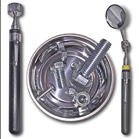 Stainless Telescoping Magnetic Pick-up Tool and Telescoping 1 1/4-inch Round Glass Pocket Inspection Mirror with Swivel Head includes 4 1/4-inch Stainless Magnetic Parts Tray, 3 piece Utility Tool Set