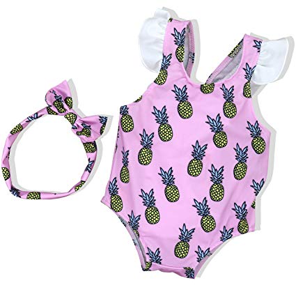 Oklady Baby Girl Swimsuit Pineapple Print Bikini Ruffles Sleeve Bow-Knot Backless Swimwear with Headband