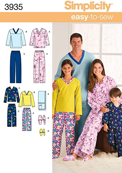 Simplicity Easy To Sew Children's, Men's and Women's Pajamas Sewing Pattern, Child Sizes XS-L and Adult Sizes XS-XL