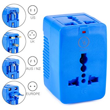 Yubi Power Dual Outlet Travel Adapter with 2 Universal Outlets - Built In Surge Protector and Neon Light Indicator - Foldable Prongs for Type A, C, G, and I Outlets | Works In 150  Countries - Blue