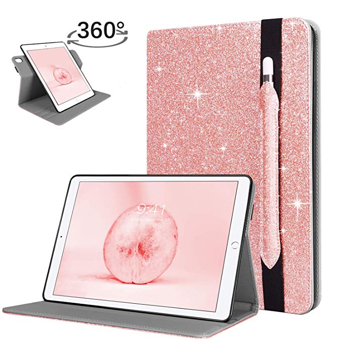 BENTOBEN iPad 7th Generation Case, New iPad 10.2 2019 Case, 360° Rotating Stand Shiny Bling Glitter Auto Wake/Sleep with Pencil Holder Sparkle PU Leather Protective iPad 10.2 Inch 2019 Cover,Rose Gold