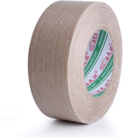 Flat Back Tape, Glass Fiber Reinforced Adhesive Kraft Paper Packaging Tape:1 7/8" x 164 Foot / 4.8 cm x 50 m (Kraft Paper) Must Wet The Tape in Order for The Adhesive to get Sticky.