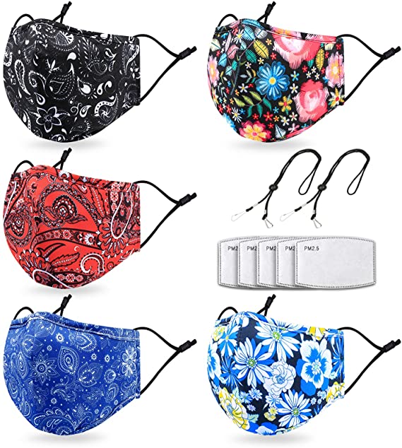 Washable Face Maks for Women with 2 Adjustable Lanyards,Nose Wire & Filter Pocket,Reusable Cloth with Fashionable Print