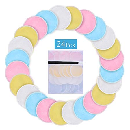 24 PACK Reusable Makeup Remover Cotton Pads-Washable Natural Organic Bamboo Cotton Rounds, Facial Soft Toner Pads with Laundry Bag (4 Colors)