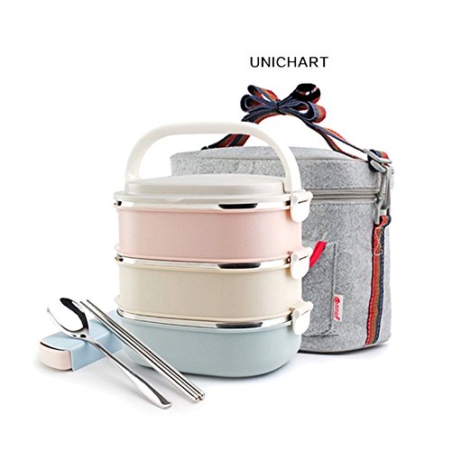 Update Unichart Stainless Steel Square Lunch Box, Lock Container Bag, Spoon and Chopsticks Set Heat/cold Insulated Kids Students for A Office Snack Food Storage Boxes (3-Tier)