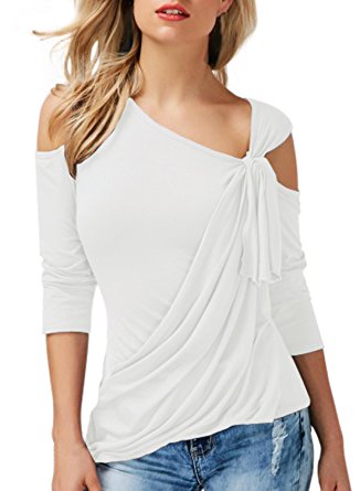 Annflat Women's Cold Shoulder 3 4 Sleeve T Shirt Asymmetrical Hem Draped Blouse Tops