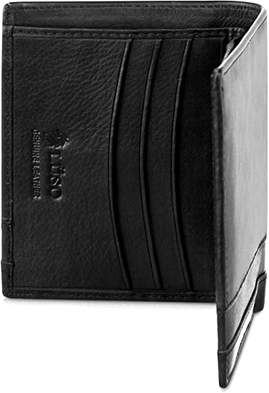 Lüso of London Mens Wallet Small and Compact Designer Leather Wallet in Black (Bifold)