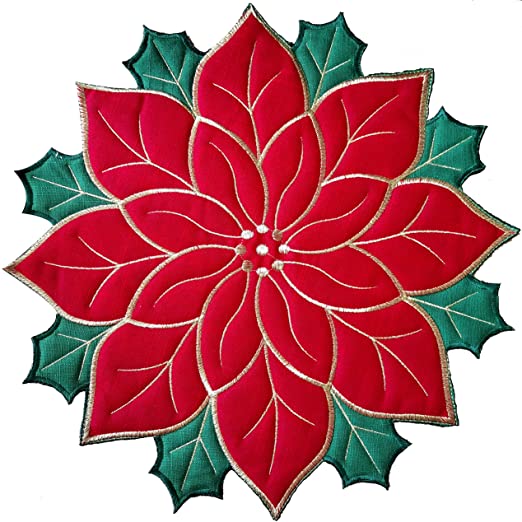 Skrantun Placemats Set of 4,Applique Poinsettia Red with Green Embroidered Flower Double red slub Cloth Placemats for Home Holiday Christmas Table Top Decoration,Round14inch