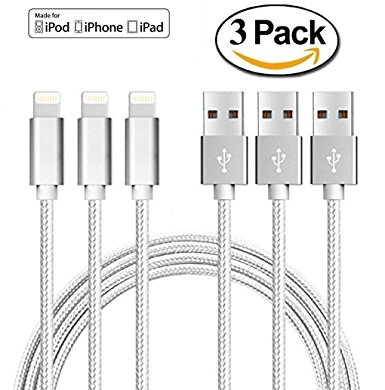 Boxbeen Lightning Cable, 3Pack 3FT,3FT,3FT,Certified Nylon Braided Cord iPhone Cable Certified to USB Charging Cable for iPhone 7, 7 Plus, 6S, 6 , SE, 5S, 5, iPad Air/Mini, iPod Nano 7 (Silver)