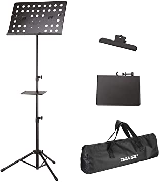 Music Stand, IMAGE Sheet Music Stand Adjustable and Foldable Travel Metal Music Stand with Carrying Bag, Music Tray and Music Sheet Clip Holder for Instrumental Performance