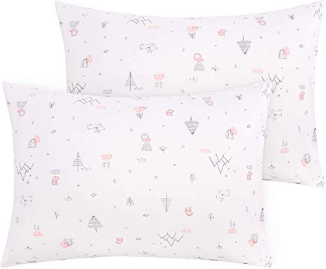 NTBAY Natural Cotton Jersey Knit Toddler Pillowcases, 2 Pcs Soft and Breathable Travel Pillowcase Cover with Envelope Closure, for Boys and Girls, 13"x 18", Pink Owl