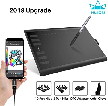 Huion Inspiroy H1060P 2019 Upgrade Drawing Graphics Tablet Tilt Function ±60° Battery Free Stylus with 8192 Pen Pressure 5080LPI 12 Customized Press Keys support Windows, Mac and Android