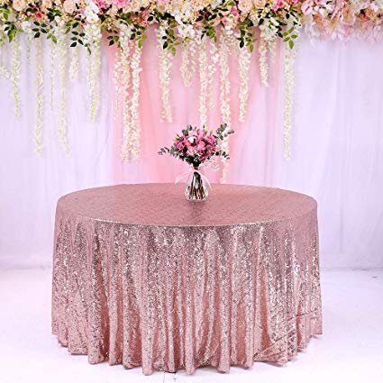 TRLYC 108-Inch Round Wedding Sequin Tablecloth for Wedding Happy New Year-Rose Gold