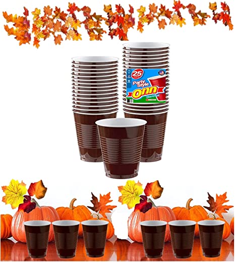 Thanksgiving Cups Disposable Plastic Party 16 Oz | 25 Count | (BROWN)