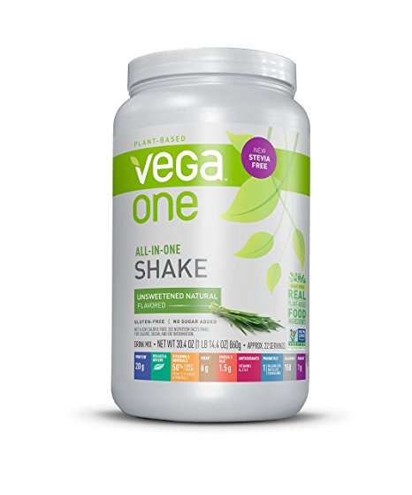 Vega One All-in-One Plant Based Shake, Natural Unsweetened, Stevia Free, 22 Servings