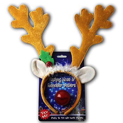 Reindeer Antlers & Light-up Blinking Flashing Nose - One Size Fits All This Christmas