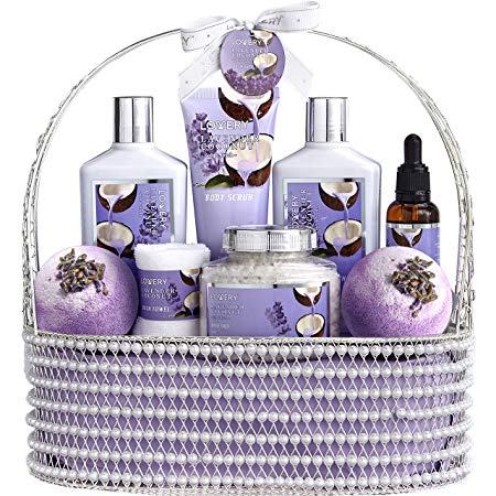 Christmas Home Spa Gift Baskets for Women & Men - Bath and Body Gift Basket – Spa Set of Lavender Coconut, Includes Salts, Extra Large Bath Bombs, Bath Oil & More - Wrapped in a Handmade Pearl Basket