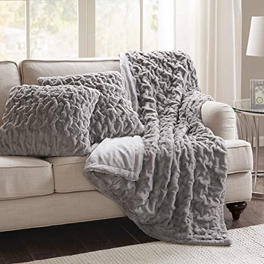 Comfort Spaces Ruched Faux Fur Plush 3 Piece Throw Blanket Set Ultra Soft Fluffy with 2 Square Pillow Covers, 50"x60", Grey