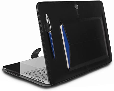 Bluebonnet Leather MacBook 13” Pro & Air Case - 2016 2017 2018 2019 Release for A1932 A1706 A1708 A1989 A2159 A2179 with Exterior Pocket, Pen Holder, Magnetic Clasp Closure and Kickstand (Black)