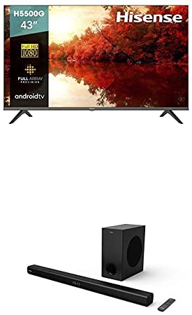 Hisense 43-Inch 43H5500G Full HD Smart Android TV with Voice Remote (2020 Model) and 2.1 Channel Sound Bar Home Theater System with Wireless Subwoofer and Bluetooth (Model HS218)