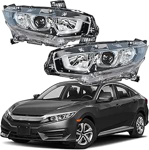 munirater Driver & Passenger Side Chrome Projector Headlight Assembly Replacement for 2016 2017 2018 Honda Civic, Replaces Halogen Headlight (Pack of 2)