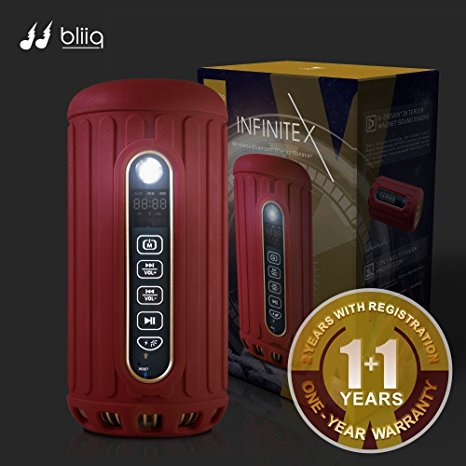 Bliiq Infinite X Portable Bluetooth Wireless Speaker - Waterproof, Dustproof, Shockproof w/ Built-in Powerbank, LED light, Micro-SD card Slot - RUBY RED