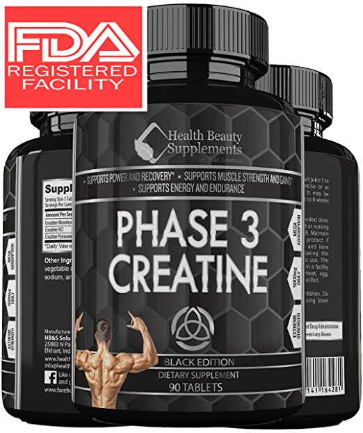 * MUSCLE PHASE ANABOLIC MONOHYDRATE CREATINE BLACK EDITION *Best Lab Tested Creatine - Phase 3 Creatine - Monohydrate Powder - HCI & Pyruvate - Extreme Bodybuilding Pills Capsules - By Muscle Phase
