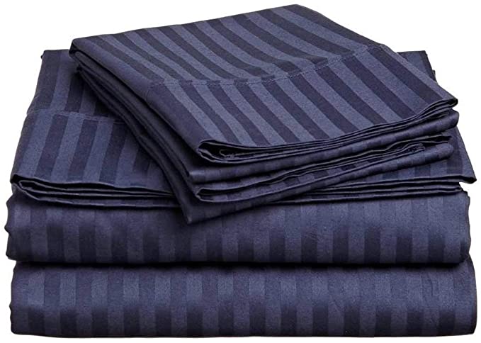 6-Piece Bed Sheet Set 400 TC 100% Egyptian Cotton Super Soft Long Staple, Italian Finish Fitted Sheet fits Upto 19” deep Pocket Mattress Queen, Navy Blue Stripe