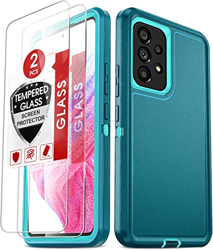 Samsung A53 5G Case, A53 5G Case with [2 Pack] Tempered Glass Screen Protectors, LeYi 3 in 1 Full Body Shockproof Rubber Dustproof Rugged Defender Protection Case for Samsung A53 5G, Teal Blue