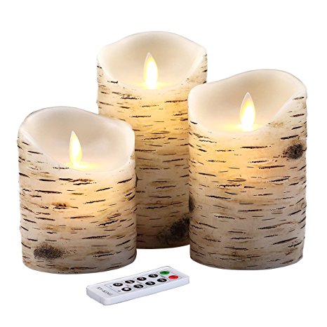 Flameless Candles 4" 5" 6" Set of 3 Birch Bark Effect Realistic Dancing Flame Candle Lights with Remote Control 2, 4, 6 or 8 Hours Timer Function