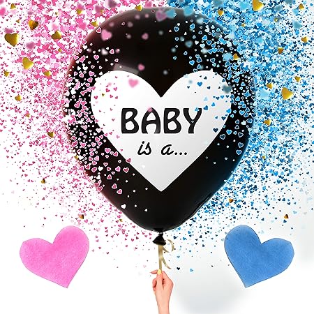 Jumbo 36 Inch Baby Gender Reveal Balloon | Big Black Balloons with Pink and Blue Heart Shape Confetti Packs for Boy or Girl | Baby Shower Gender Reveal Party Supplies Decoration Kit