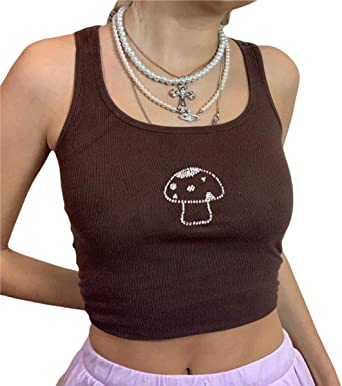 Women Cute Printed Crop Tank Top Y2k Graphic Cami Skinny Sleeveless Vest, E-Girl Clothing for Teen Girls