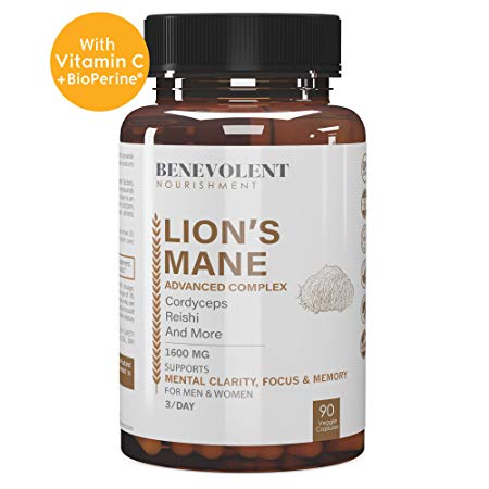 Premium Organic Lions Mane Mushroom Capsules - Lion’s Mane, Cordyceps, Reishi Powder - Enhanced Absorption Nootropic Brain Supplement, Immune Booster, Stress Relief, Focus & Memory - 90 Veggie Caps