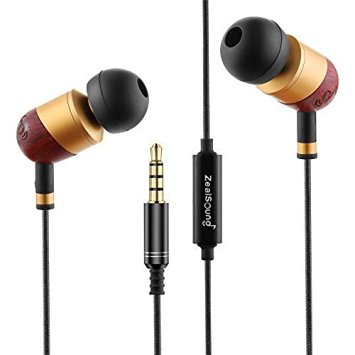 ZealSound HDE-200 In-ear Noise-isolating Genuine Wood Headphones with Mic, Fiber Cable -Black