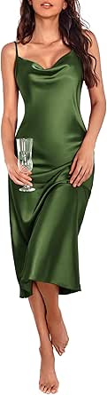 Ekouaer Womens Satin Nightgown Sexy Lingerie Sleepwear Spaghetti Strap Cowl Neck Elegant Long Slip Satin Silk Midi Dress