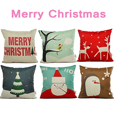 HOSL PSD21 Merry Christmas Cotton Linen Square Decorative Throw Pillow Case Cushion Cover (Set of 6)