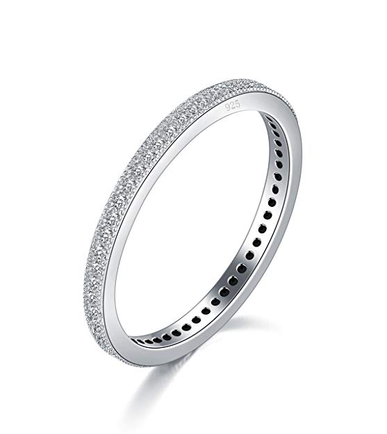 BORUO 2MM 925 Sterling Silver Ring, Cubic Zirconia CZ Wedding Band Stackable Ring