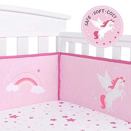 TILLYOU Baby Safe Crib Bumper Pads for Standard Cribs Machine Washable Padded Crib Liner Thick Padding for Nursery Bed 100% Silky Soft Microfiber Polyester Protector de Cuna, 4 Piece/Pink Unicorn