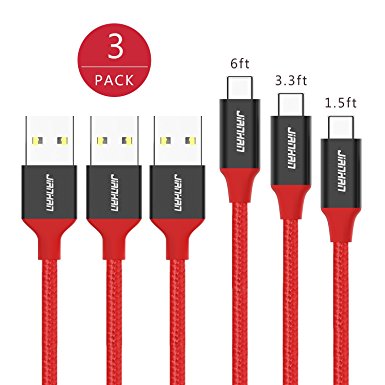 USB Type C Cable,JianHan 3 Pack USB-C to USB 2.0 Charging Cable Braided Cord for Samsung Galaxy Note 7,S8,S8 Plus,LG G6 G5 V20,OnePlus 2,Nexus 6P,5X,Lumia 950,950XL,HTC 10 (1.5ft /3.3ft /6ft Red)
